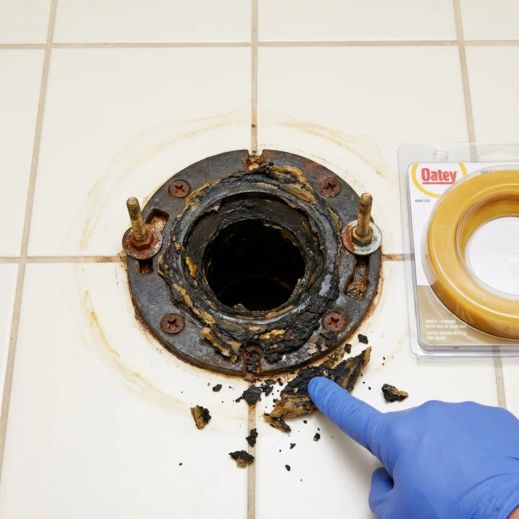 Failed wax ring showing water seepage at the base of a toilet in a Albion, ME home