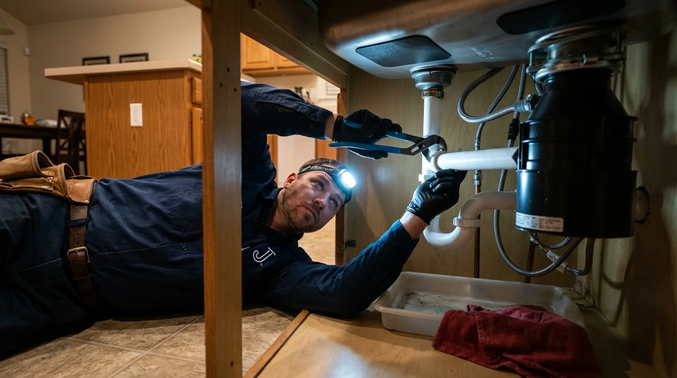 P-trap and supply line connections under a kitchen sink showing a common leak point in Albion, ME